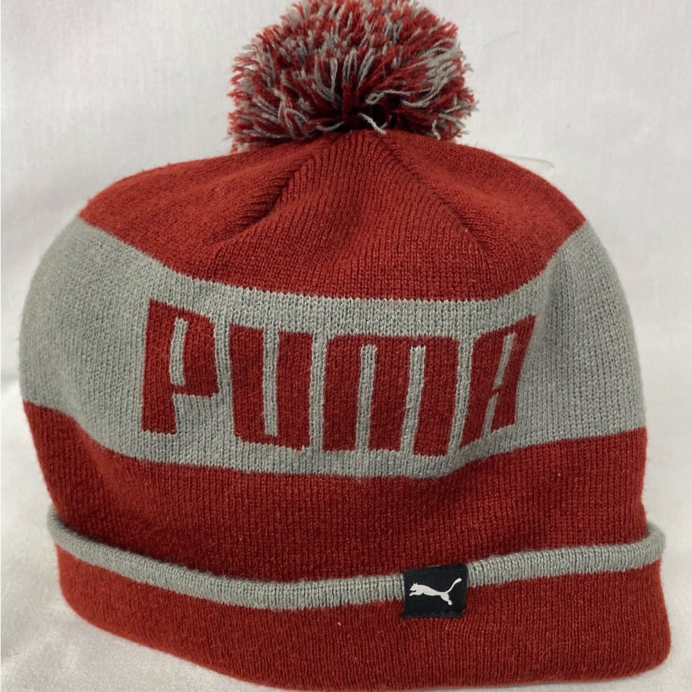 Puma Kids Red and Gray Pom Beanie